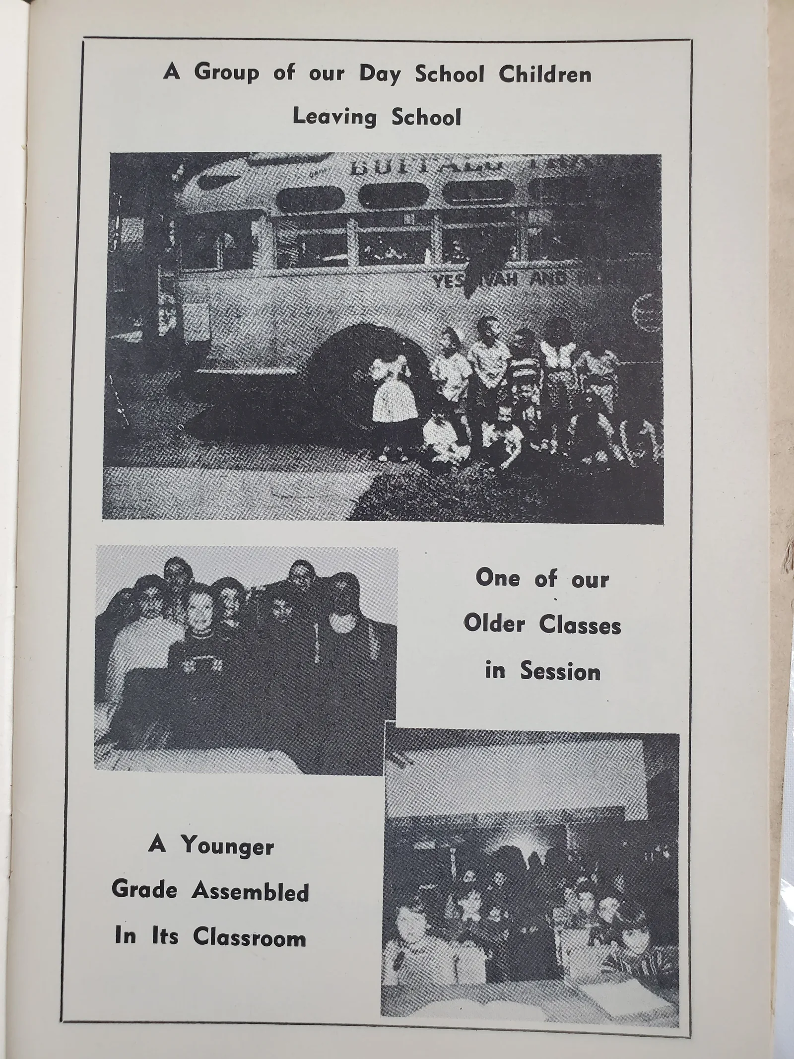Banquet journal page with photographs of day school classes leaving school and in session
