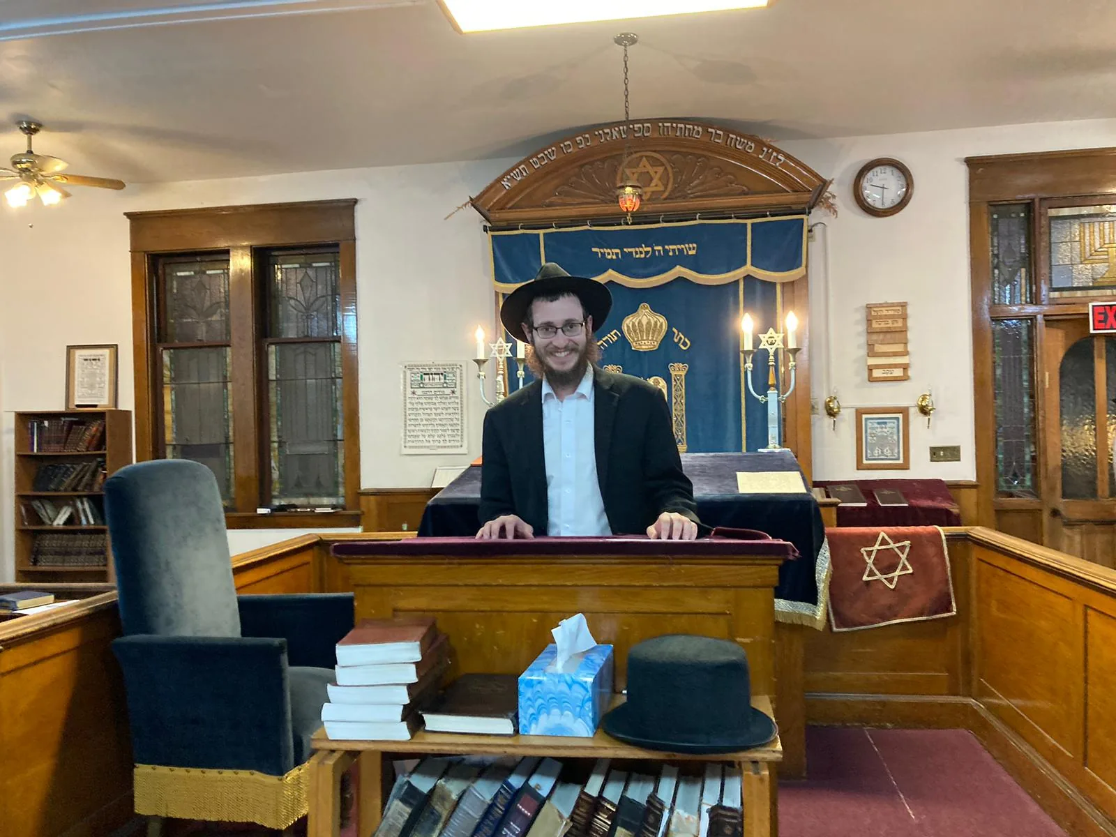 Davening at the bima in the sanctuary